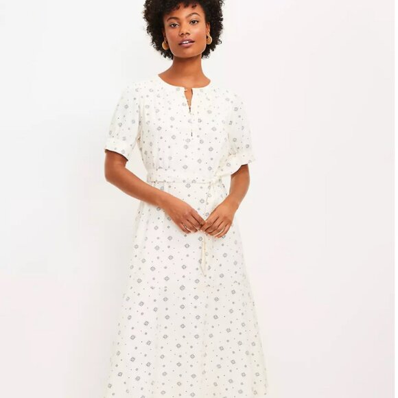 LOFT Geo Puff Sleeve Midi Dress-NWT - Picture 1 of 5